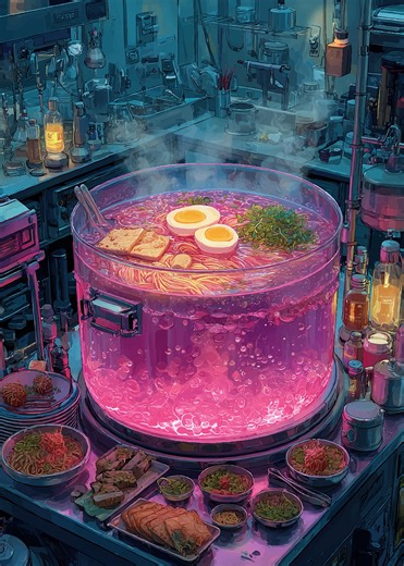 'Futuristic Ramen Lab' Poster, picture, metal print, paint by Jack Turner | Displate
