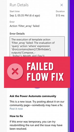 In this Power Automate flow, I’m using a Filter Array action to check a SharePoint list of employees to see which employee has a birthday today or in three days. This flow failed because one of the employees in my list doesn’t have a birthday value. I need to adjust the Filter Array action to account for any items that may not have a birthdate value set. #PowerAutomate #PowerPlatform #Microsoft365 #learnontiktok #techtoks #microsoftlearning #productivityhacks #productivitytips #worksmarternothar