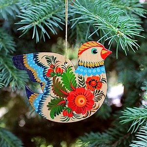 Bird Christmas Tree and Easter Ornament Rustic Ukrainian Wooden Hand Painted on Both Sides Birds Flat Decorations Traditional Country Folk Art Petrykivka Handicraft 2,8 x 3,5 x 0,2 inch.