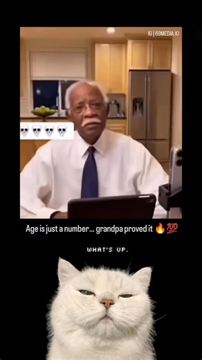 69Media.io on Instagram: "Age is just a number... Grandpa proved it 🔥😂 This video captures a moment of sharp, rhythmic irony that has become a hallmark of modern meme culture. By pairing the authoritative, "professional" persona of the grandfather with the chaotic, unexpected background reveal, the creator leans into a specific kind of digital storytelling. The contrast between his serious announcement of canceled church services and the playful, domestic interruption creates a comedic tension