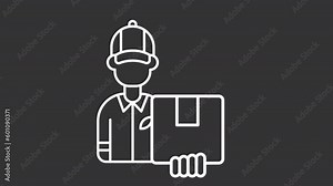 Animated postman white line icon. Mailman holds parcel box animation. Shipping service. Loop HD video with chroma key, alpha channel, transparent background. Outline motion graphic animation