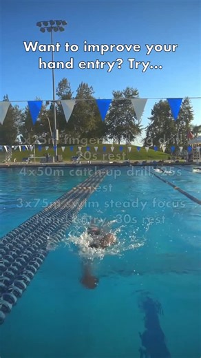 SwimCoachTom on Instagram: "Beginner Hand Entry Session — Hand Entry (Beginner) Short technique session to groove a clean hand entry and an early catch — focus on entry angle, fingertip awareness and timing. Full session: - Warm up: 8 x 25m easy - Main: 4 x 25m fingertip-drag drill, 20s rest - Then: 4 x 50m catch-up drill, 25s rest - Then: 3 x 75m swim steady — focus hand entry, 30s rest - Cool down: 2 x 50m easy Technique tips: - Hand entry: aim fingertips first, vertical wrist, enter in line w
