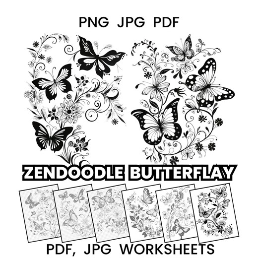 Butterfly Zentangle Practice Sheets Spring | Zendoodle Butterfly Drawing Templates | Printable Mindful Art Worksheets - Etsy