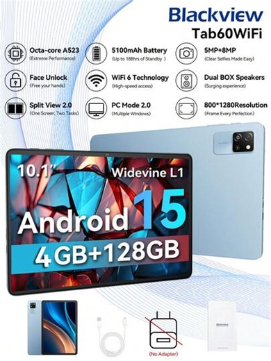 10,1-Zoll Tablet-PC, Android System, Modell 15 Tab 60, WiFi Version, A523 Prozessor, Octa-Core 1,8GHz/4GB RAM/128GB Speicher/WiFi 6/Bluetooth 5.3/10,1-Zoll 1280*800 HD Display/5100mAh Akku/USB-C Anschluss/5MP+8MP Dual Kamera | SHEIN