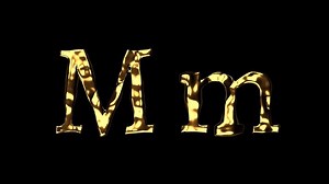Download Upper and lower case m alphabet with golden fluid texture, latin script with bright yellow lava style, english letter with dented and horror look for free