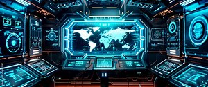 Interior of futuristic command center, control room with digital dashboards and computer screens. Concept of map, technology, future, monitor.