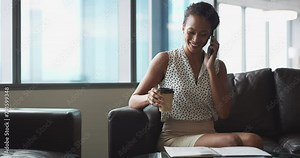 Smartphone call, talking and professional woman consulting with user, financial advisor or investment contact. Coffee break, networking discussion or finance agent speaking, chat and answer cellphone