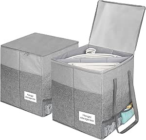 2 Pack Clothes Hanger Organizer Bag with Lid, Rigid Hanger Storage Containers,Hanger Caddy Organizer Box with Handle and Label Window Keep Closet Laundry Rooms Tidy (17 inch Height,Grey)