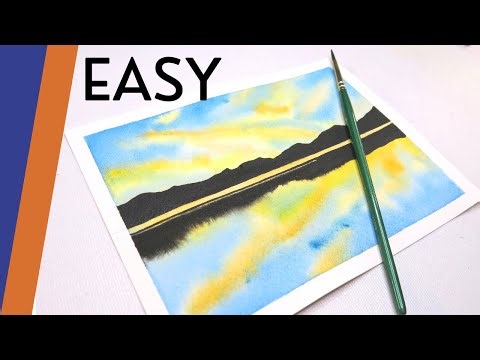 Quick and Easy Silhouette Landscape for Beginners - Watercolor Lake Sunset Painting Dramatic Sky