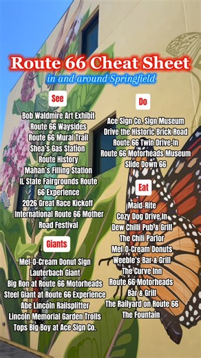 Sights to see. Eats to try. Things to do. Giants to find. 🛣️✨ Your Springfield, IL Route 66 cheat sheet is here, just in time for your Centennial adventure! Discover more on our Route 66 Itinerary ➡ https://www.visitspringfieldillinois.com/Landing/LegendaryRoute66.aspx #visitspringfield #springfieldil #route66 #route66centennial #motherroad #middleofeverything U.S. Route 66 Centennial Illinois Route 66 Scenic Byway Enjoy Illinois | Visit Springfield