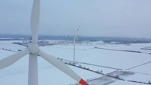View from the height of energy producing wind turbines in winter, Poland