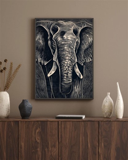 Elephant Face Woodcut Print, Vintage Style Animal Art, Black White Wall Decor (digital Download) - Etsy