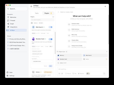 Demo: Nowledge Mem distilling memories from notes in obsidian vault