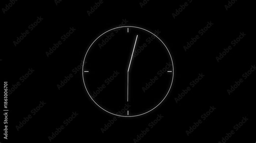 Neon white glowing clock icon animation on black background