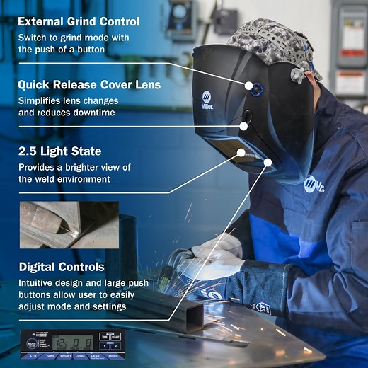 NEW addition to the Digital Elite™ Series lineup – Digital Elite Black with External Grind! The Black with External Grind helmet is integrated with ClearLight™ 2.0 Lens Technology and allows you to easily switch between welding and grinding tasks. Plus, the quick release cover lens simplifies lens changes, reducing downtime. The 2.5 light state – exclusive to the Black with External Grind – provides a brighter view of the weld environment, ensuring better visibility for better welds. Learn more.