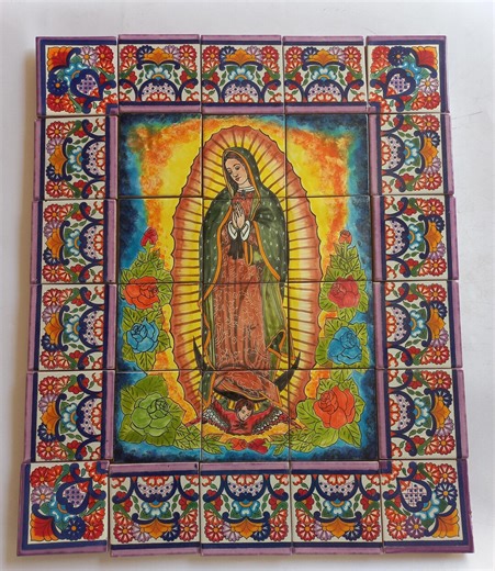 21" X 25" Ceramic Tile Mural, mexican talavera mosaic wall backsplash hand-painted art.