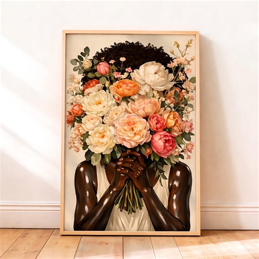 Black Woman Floral Art Print, Feminine Bouquet Illustration, Printable Digital Download, Modern Black Girl Flower Wall Decor Artwork - Etsy