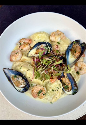 Handmade Herb & Cheese Ravioli with Buttered Seafood