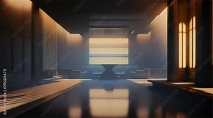 Contemporary hotel atrium at night and large windows that let in moonlight.