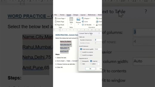 Convert Text to Table in Word in 60 Seconds by CA Somil Bhansali #wordtricks #microsoftword #word | Somil B.