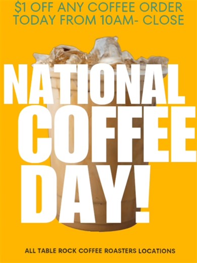 Today’s the day to celebrate the drink that fuels dreams, adventures & conversations. 🚀 Swing by Table Rock Coffee Roasters & let us pour you the cup you deserve. 🏔️❤️ #NationalCoffeeDay #CoffeeTok #BransonMissouri #CoffeeLovers #ButFirstCoffee