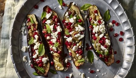Stuffed aubergine with feta and pomegranate recipe