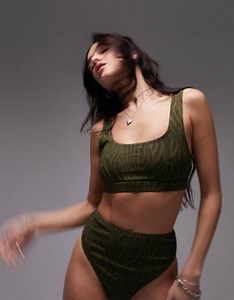 Topshop mix and match textured tiger tank top bikini in khaki | ASOS