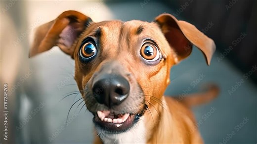 surprised dog make big eyes closeup. surprised dog funny face big eyes. Young dog looking surprised and scared. Emotional surprised wide big eye dog at home, pets, animal, cute