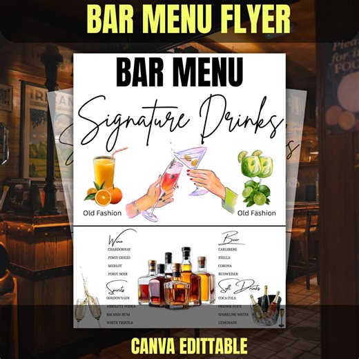 Bar Menu Flyer Template, Editable Canva Drink Menu, Cocktail Wedding Bar Sign, Cafe Juice Hookah Menu, Printable Party Menu - Etsy