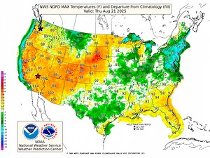 An upper-level high pressure system will bring some major to extreme heat over parts of the Western U.S. late this week and lingering into the weekend. Temperatures will be anywhere between 5-15 degrees above average. | NOAA NWS Weather Prediction Center