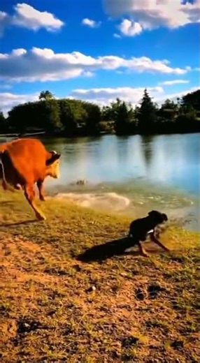 Crazy Cow Launches Dog Into Lake With Brutal Kick!