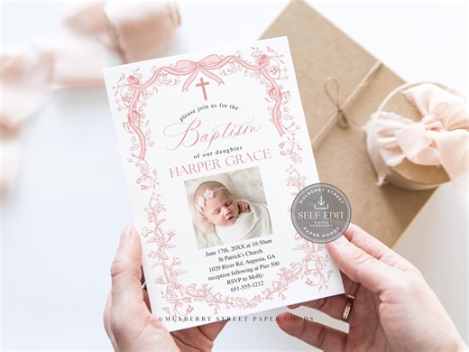 Pink Toile Baptism Invitation Canva Template Printable, Editable Elegant Christening Invite Digital Download - Etsy