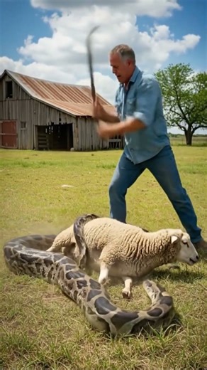 😱 Brave Farmer Saves Sheep From Giant Python 🐍 #python #farmer