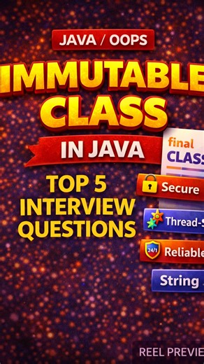 Code With Trend on Instagram: "Most Java developers think they know Immutable Class… until the interview starts ❌ 🔒 What is an immutable class? 🔒 Why String is immutable? 🔒 Common mistakes & real interview traps These are Top 5 Immutable Class questions asked in interviews. 💾 Save this reel 🔁 Share with your Java friend #Java #CoreJava #JavaInterview #ImmutableClass #StringImmutable JavaDeveloper BackendDeveloper InterviewPreparation CodingInterview SoftwareEngineer LearnJava TechContent 10