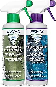 Nikwax Fabric & Leather Footwear Cleaning and Waterproofing Duo-Pack, 125ml, Spray On, Restores DWR Water Repellency, Shoe Care, Boot & Footwear Cleaner, Rain Protection, Safe for Gore-Tex