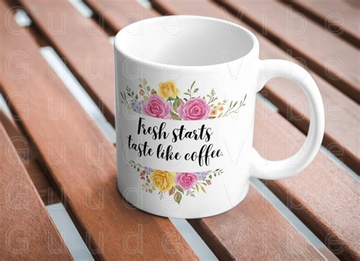 Fresh Starts Taste Like Coffee: Spring Dark Pink and Yellow Floral Pattern Mug Wrap Template Design; PNG, 11oz and 15oz Mug Wrap Templates. - Etsy