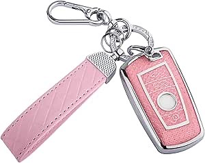 for BMW Key Fob Cover, Soft TPU Keys Protector Bling Key Fob Keychain for BMW X1 X3 X4 X5 X6 1 2 4 5 6 7 M3 M5 M6 GT3 GT5 G30 F10 F15 F16 F20 key, Silver Pink
