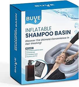 Inflatable Shampoo Basin Kit - Bedside Hair Wash Tub - Portable Shampoo Bowl - Hair Washing Basin - Easy Drainage - Includes Waterproof Cape - 15 oz Refill Bottle - Bedridden - Elderly - Pregnant