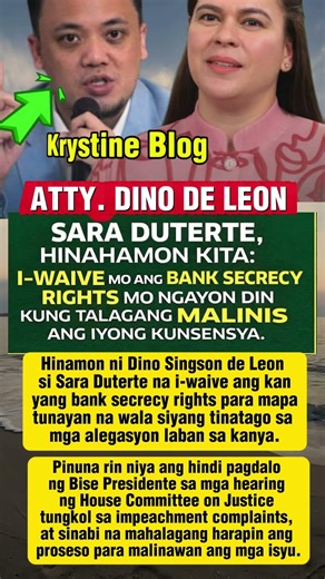 ATTY.DINO DE LEON HINMAON SI VP SARA NA E WAIVE ANG KANYA G BANK SECRECY. #shorts