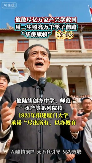 他散尽亿万家产兴学救国，用一生照亮万千学子前路——“华侨旗帜” 陈嘉庚！#人物故事 #历史 #厦门大学 #教育 #正能量
