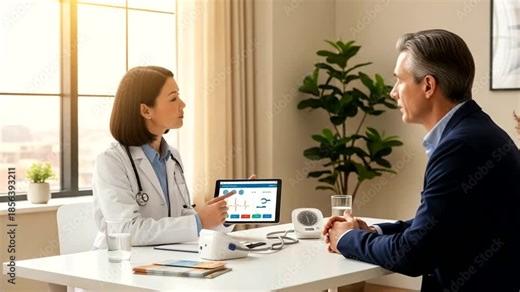 Doctor consulting patient with health technology in office