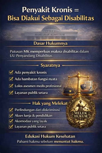 MK memutuskan penyakit kronis dapat dikategorikan sebagai disabilitas fisik setelah asesmen medis. Artinya, hambatan fungsi nyata berhak mendapat perlindungan hukum dan akses yang setara tanpa diskriminasi. #PenyakitKronis #HakDisabilitas #EdukasiHukum #InklusiKesehatan #SadarHukum