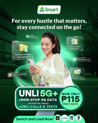 From grind mode to scroll breaks, stay connected wherever the day takes you📱 Get UNLI 5G non-stop 4G data UNLI Calls & Texts for only ₱115, valid for 3 days. Download the Smart App and load now: https://smrt.ph/SmartApp.FB | Smart Communications, Inc.
