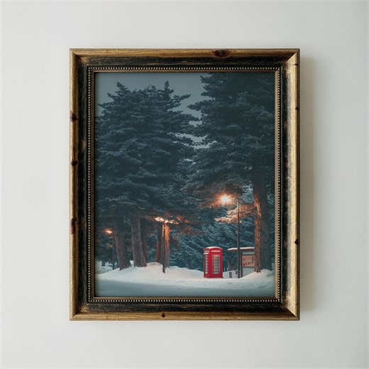 Red Telephone Box in Dark Snowy Forest Art, Moody Winter Landscape Print, Enchanted Night Forest Wall Decor, Minimalist Red Accent Art - Etsy