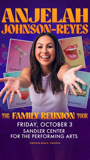 📱 Only a handful of tickets left for Anjelah Johnson-Reyes: The Family Reunion Tour - this Friday, October 3 at 7pm! Get them while they last at the Sandler Center box office or online at Ticketmaster.com: ticketmaster.com/event/01006264CC9F3A55?brand=SANDLERCENTER | Sandler Center for the Performing Arts