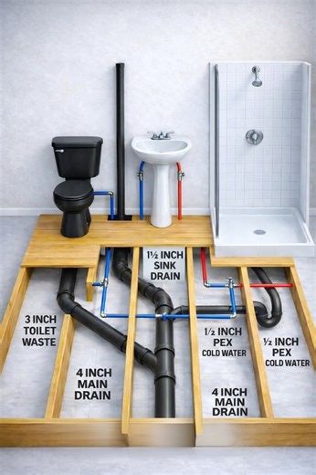 **Cutaway view of a bathroom plumbing system**, helping you understand how water supply and drainage work beneath the floor. ### 🔧 What You’re Seeing #### 🚽 Toilet Drain (3-Inch Waste Line) * The toilet connects to a **3-inch drain pipe**. * This larger pipe handles solid waste. * It slopes downward to maintain proper gravity flow. #### 🚰 Sink Drain (1½-Inch Drain) * The sink uses a **1½-inch drain pipe**. * It ties into the larger main drain line. * Smaller because it only carries wastewater