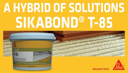 Introducing SikaBond® T-85, a one-component, zero VOC, permanently elastic, super strong, very low permeability, moisture-cure, hybrid adhesive that offers moisture protection, crack bridging, and sound reduction for full surface wood floor bonding. SikaBond® T-85 may be used for solid and engineered wood floors, mosaic parquet, industrial parquet, wood paving as well as chip boards and plywood. Once cured, SikaBond® T-85 will generate a super strong bond to a variety of substrates for glue down