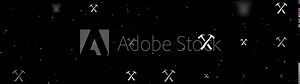 Template animation of evenly spaced crossed hammers symbols of different sizes and opacity. Animation of transparency and size. Seamless looped 4k animation on black background with stars