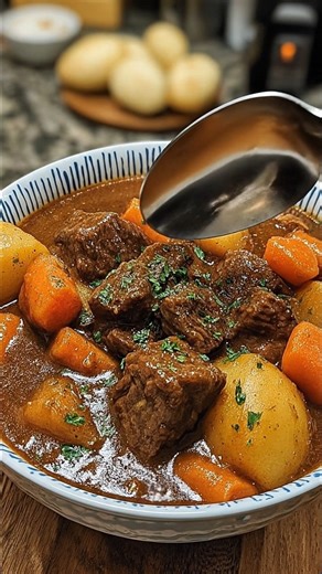 A comforting classic beef stew made with tender beef chunks, potatoes, and carrots simmered slowly in a rich, savory broth. The beef is first browned for deep flavor, then gently cooked with onions, garlic, herbs, and spices until melt-in-your-mouth tender. Hearty, warming, and perfect for family meals or cold days. | My Heavenly Recipes