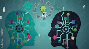 Animation of networks with icons over two human heads and cogs spinning